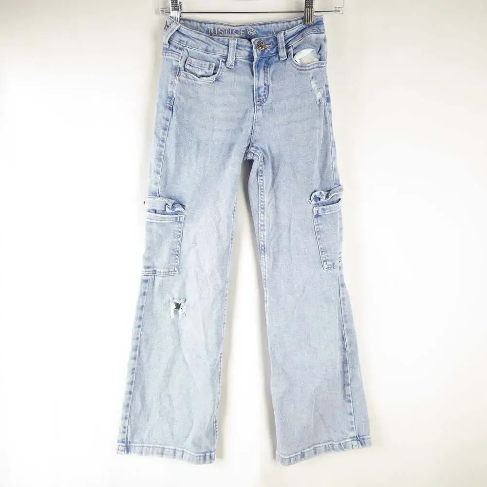 Justice Girls Light Wash Distressed Wide Leg Cargo Jeans Size 10